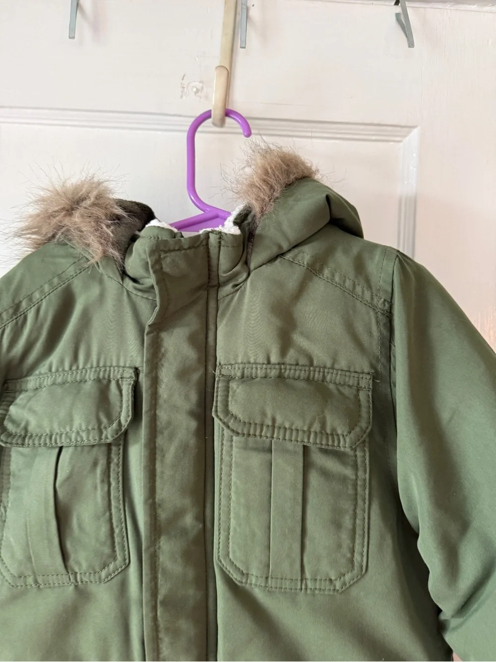 Carter's Olive Green Hooded Puffer Coat with Faux Fur Trim m size 5-6